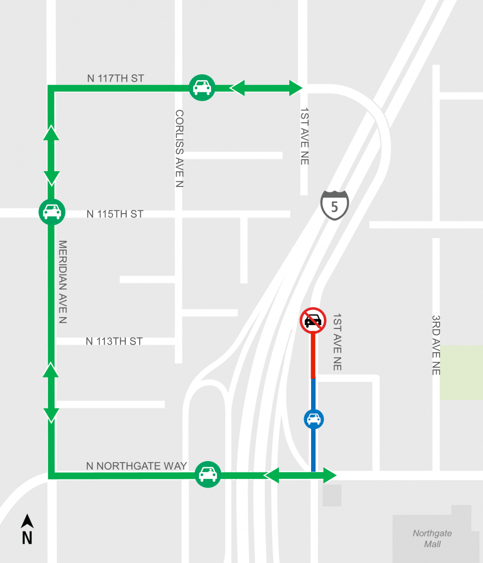 Map of 1st Avenue Northeast closure from North 112th Street to North 113th Street and detour.