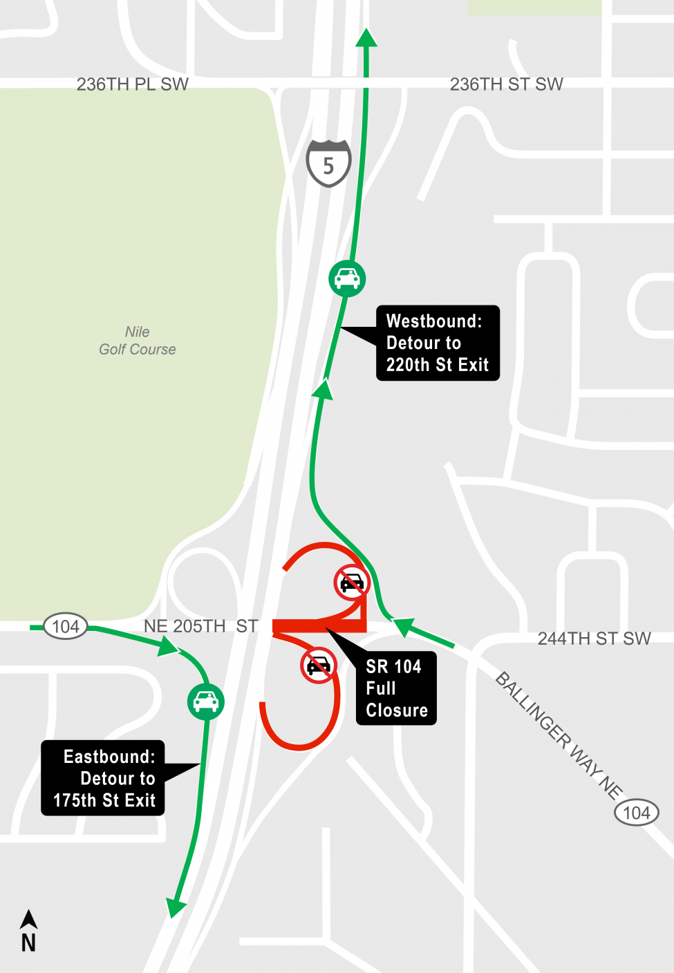 Map of night closures of off-ramp to westbound State Route 104 and off-ramp to eastbound State Route 104.