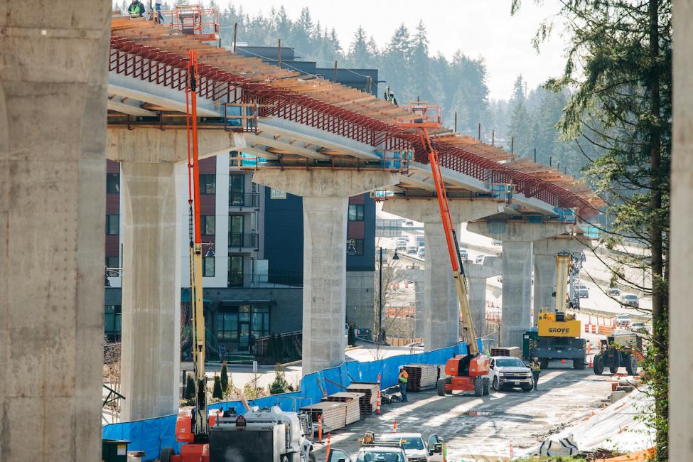 Looking south from the ground level of the Mountlake Terrace Link light rail station at the columns and future trackway. 
