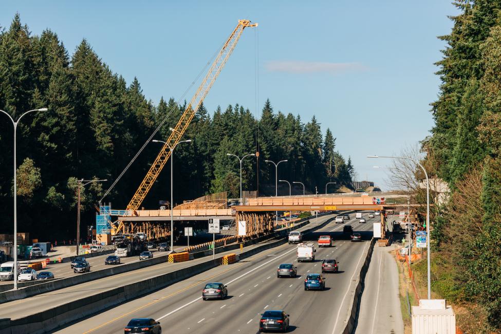 The temporary bridge over I-5 where tracks will cross from the east to the west side of the freeway. 