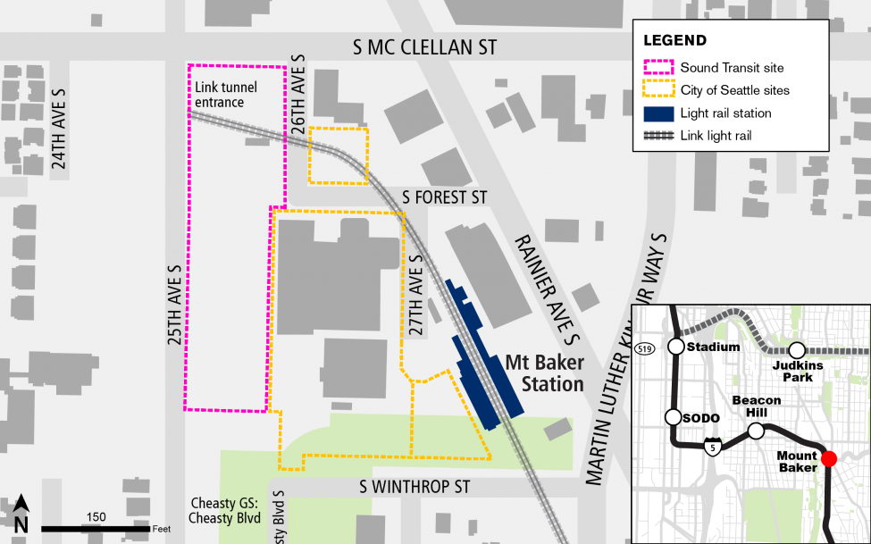 A map shows Sound Transit and City of Seattle sites for transit-oriented development next to Mt. Baker Station.