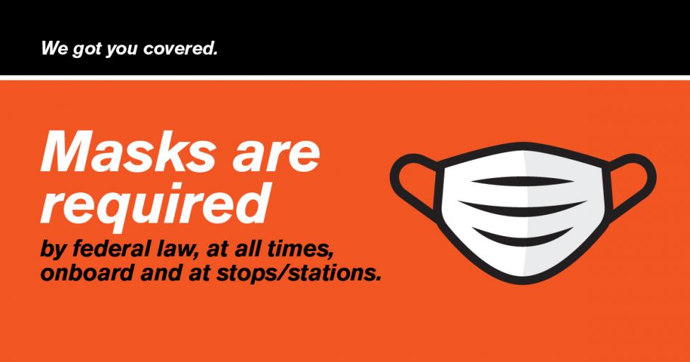 An orange graphic reads "Masks are required by federal law, at all times, onboard and at all stops/stations.