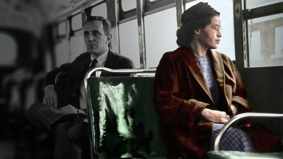 Civil rights pioneer Rosa Parks takes her seat at the front of the bus. 