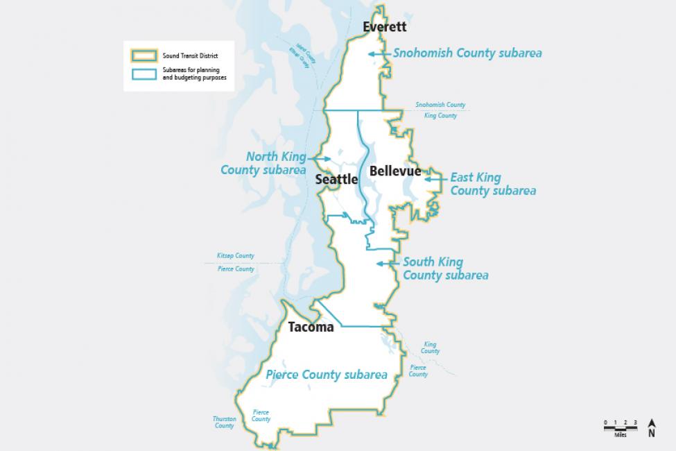 A map showing the five subareas that make up the Sound Transit district. 