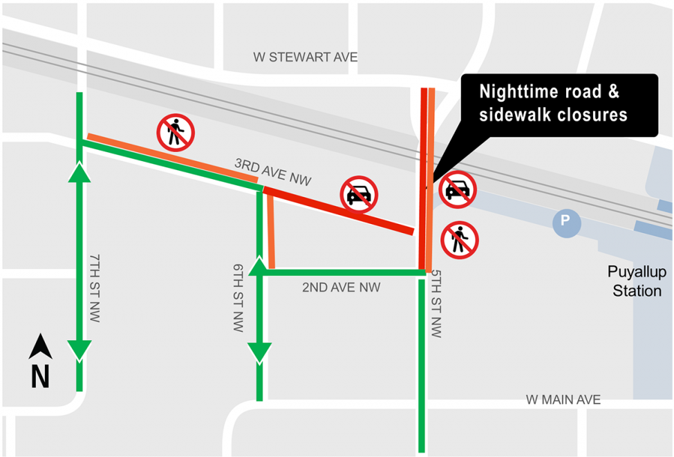 Construction map for 5th St NW closures, Puyallup Station Parking and Access Improvements