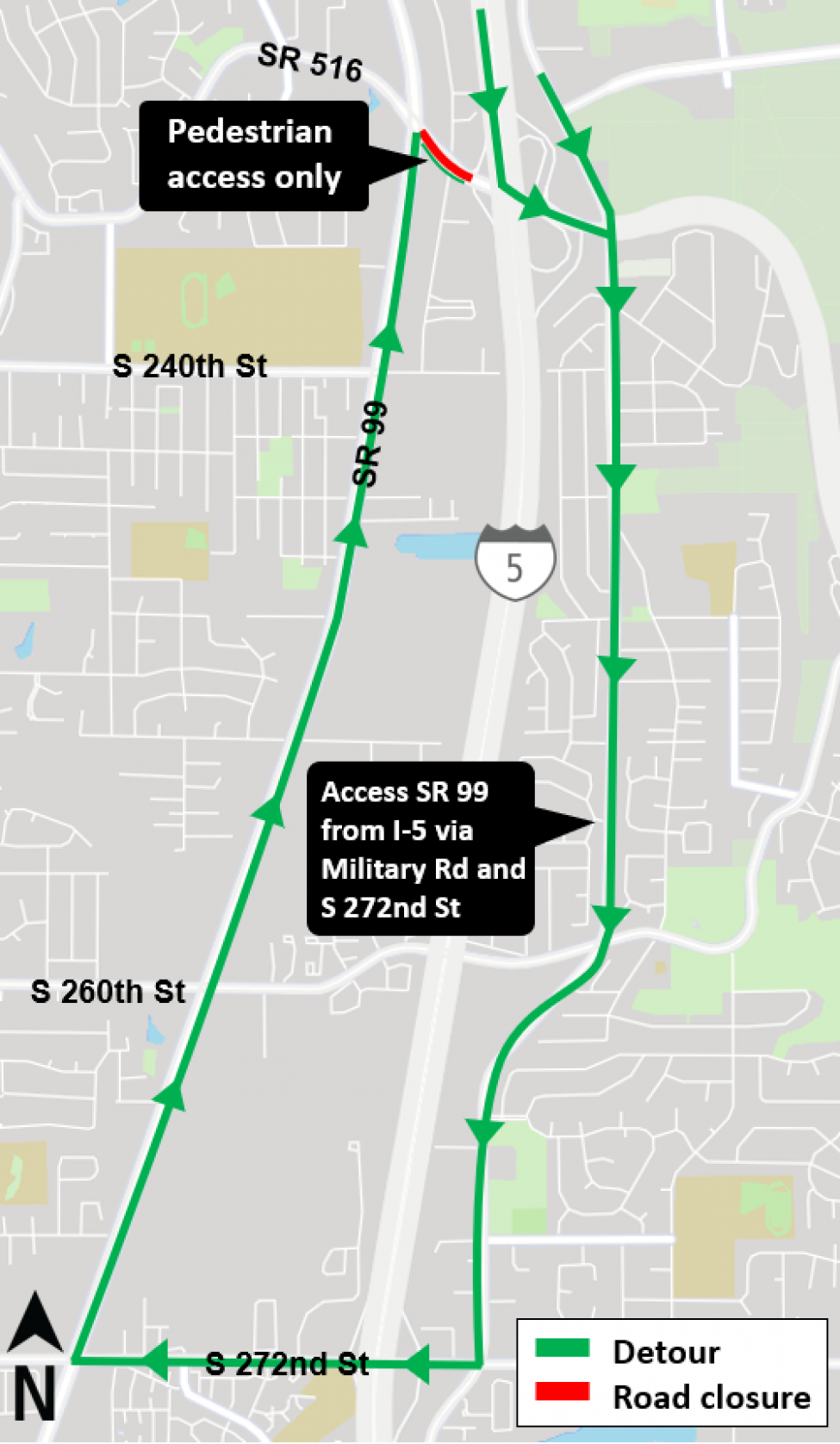 Map of road closure and detour on Kent Des Moines Road between State Route 99 and Interstate 5 at exit 149B.