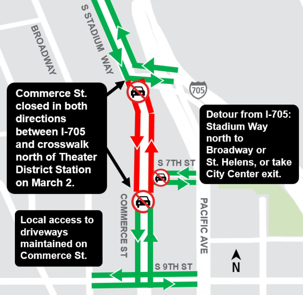 Map of Commerce Street closure between I-705 and Theater District Station for track installation.