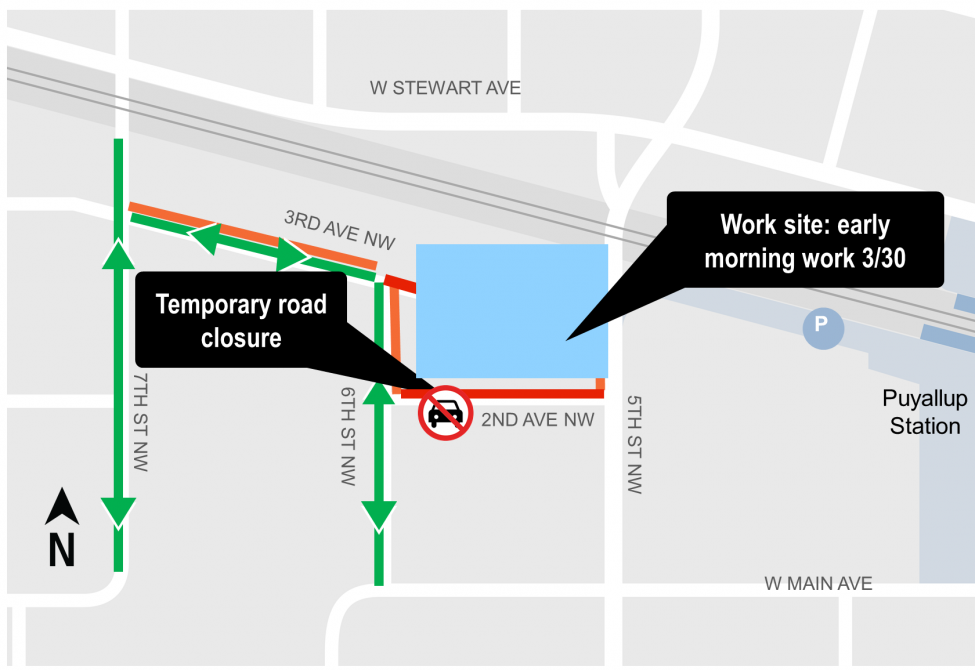 Map of the area around the Puyallup station showing work area and road closure on 2nd Avenue NW