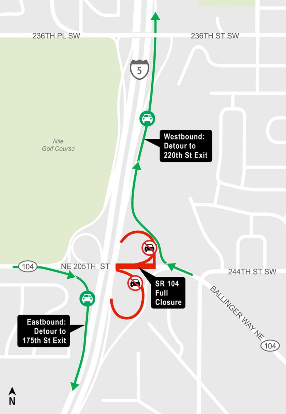 Construction map for SR 104 night work, Lynnwood Link Extension