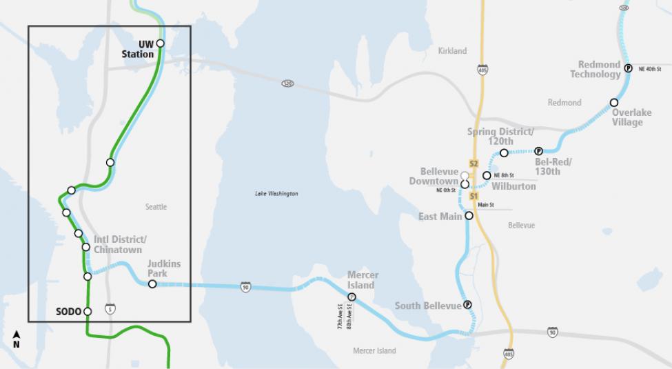 A map showing where East Link connects with the existing system at the Chinatown-International District Station. 