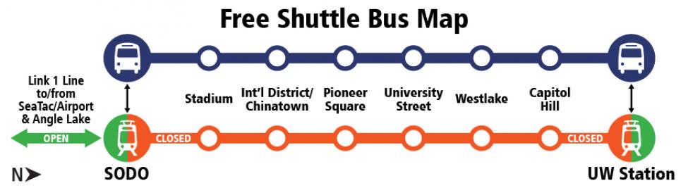 A map showing the stations that will be served by free shuttle buses while Link is closed north of SODO Station to connect East Link with the main line.