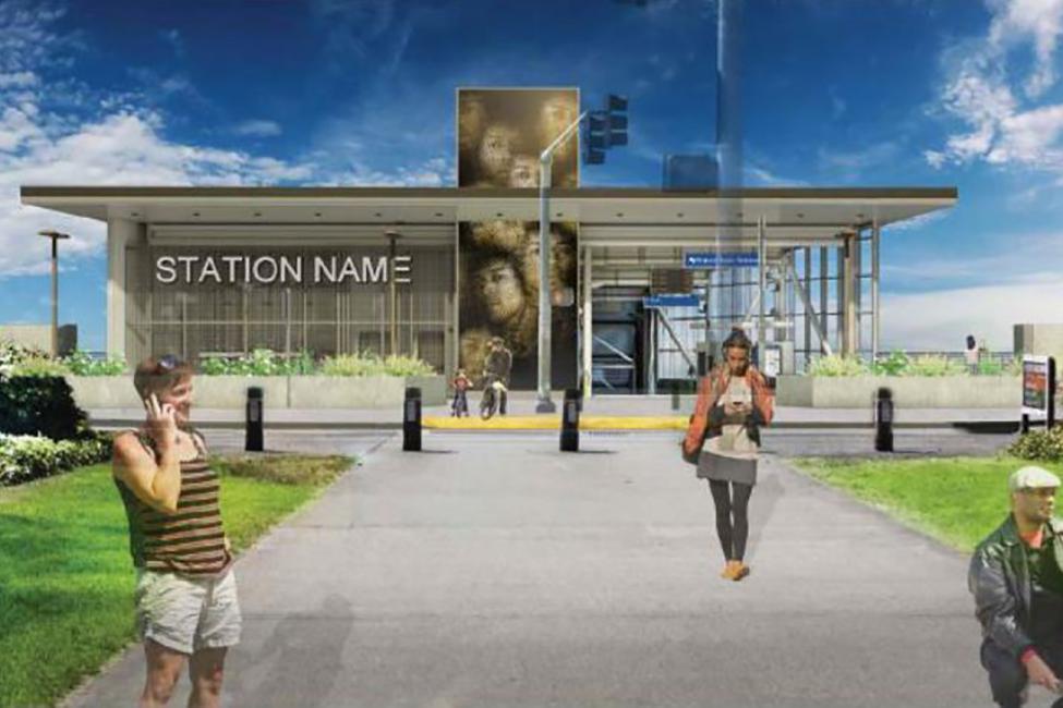 An architectural rendering shows the future Judkins Park Station with the finished mural featuring Jimi Hendrix.