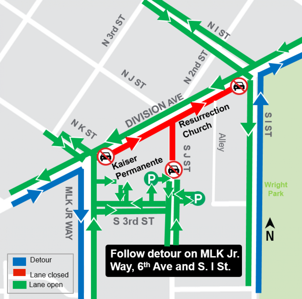 Map of traffic impacts for track installation along Division Avenue, across J to I Street.