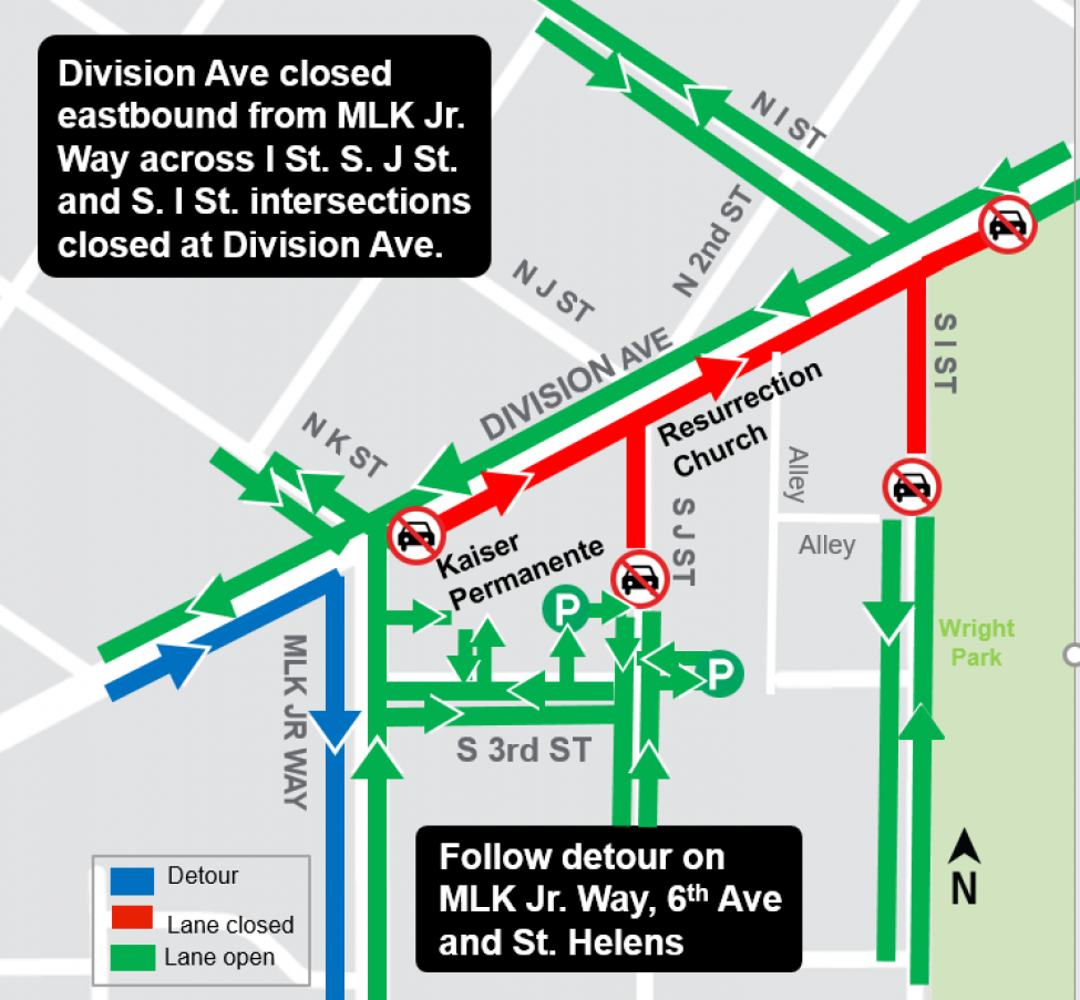 Map of Division Avenue closure eastbound from MLK Jr Way across I Street South. J Street and South I Street intersections closed at Division Avenue.