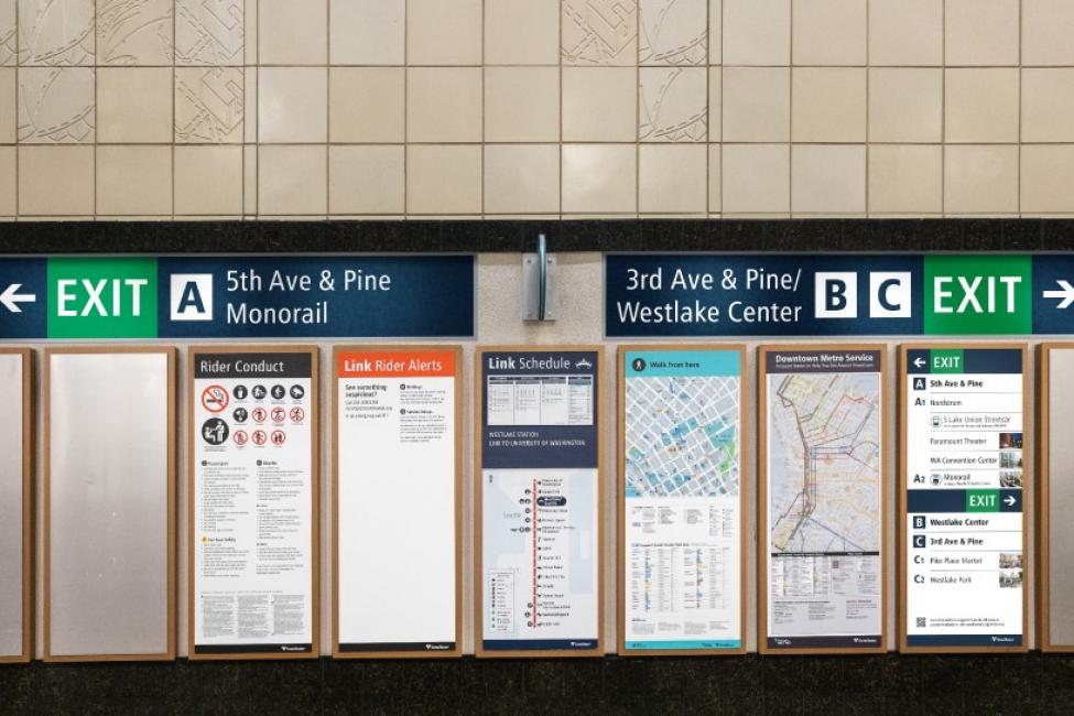 Signs on the wall of Westlake Station include a map, directory and lettered exits (A for 5th Avenue and Pine, and B/C for 3rd Avenue and Pine).   