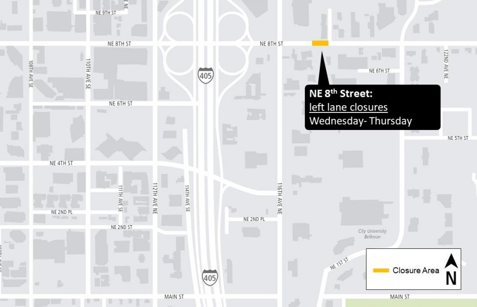 Map of Northeast 8th Street middle lane closure.