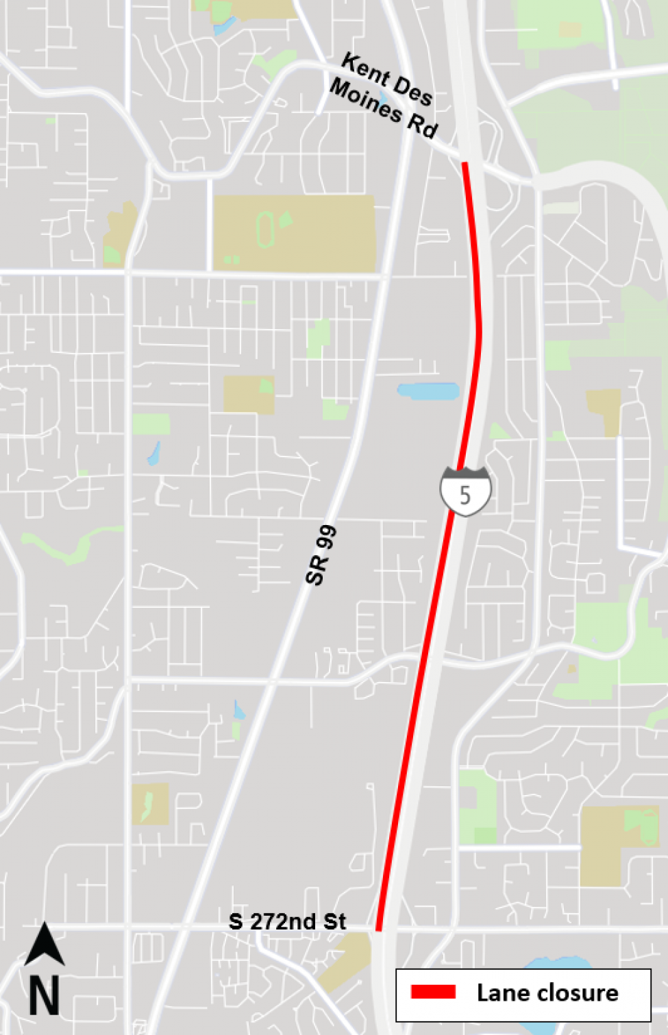 Map of southbound Interstate 5 lane closure.