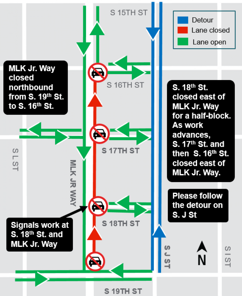 Map of construction work along Martin Luther King Jr. Way from South 19th Street to South 16th Street.