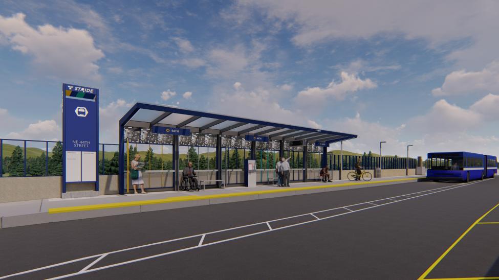 Rendering of a future Stride S3 Line bus stop,  I-405 Bus Rapid Transit
