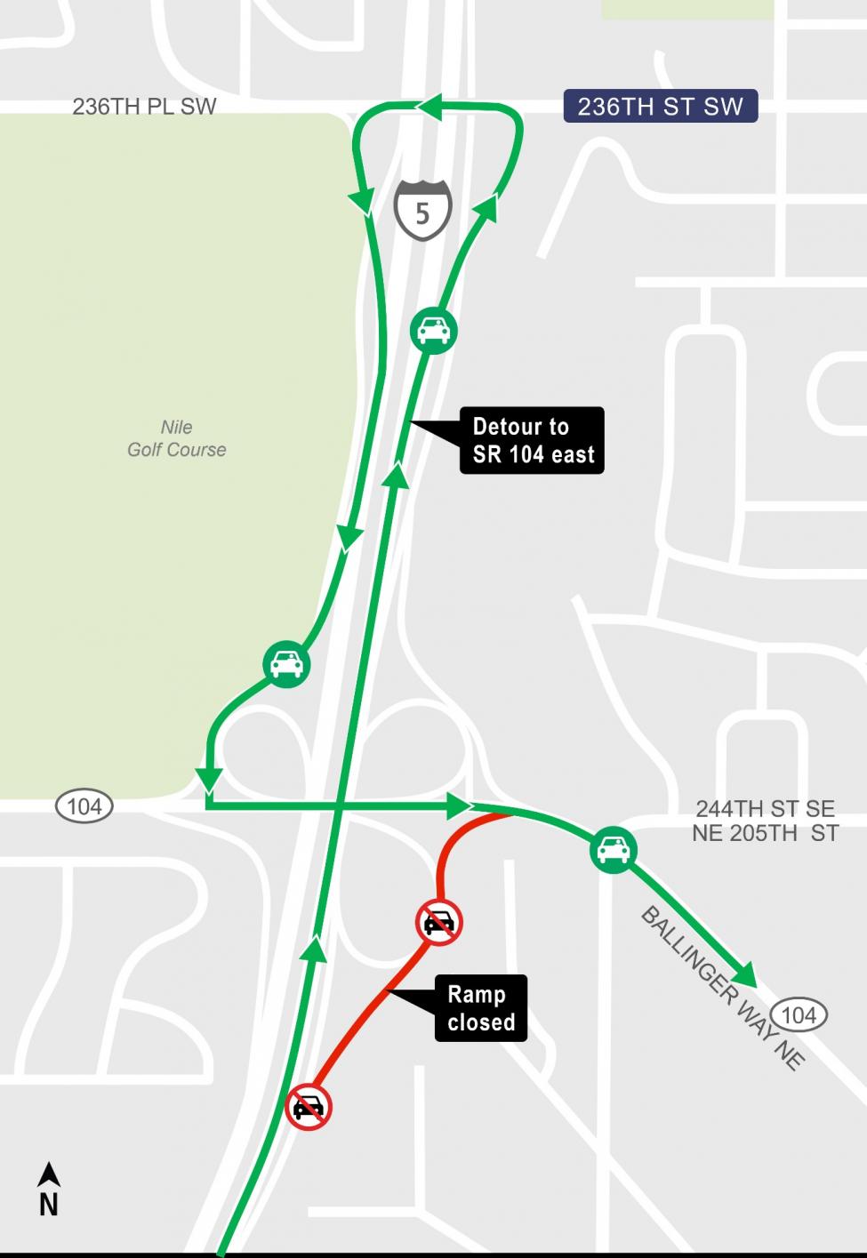 Map of State Route 104 detour.