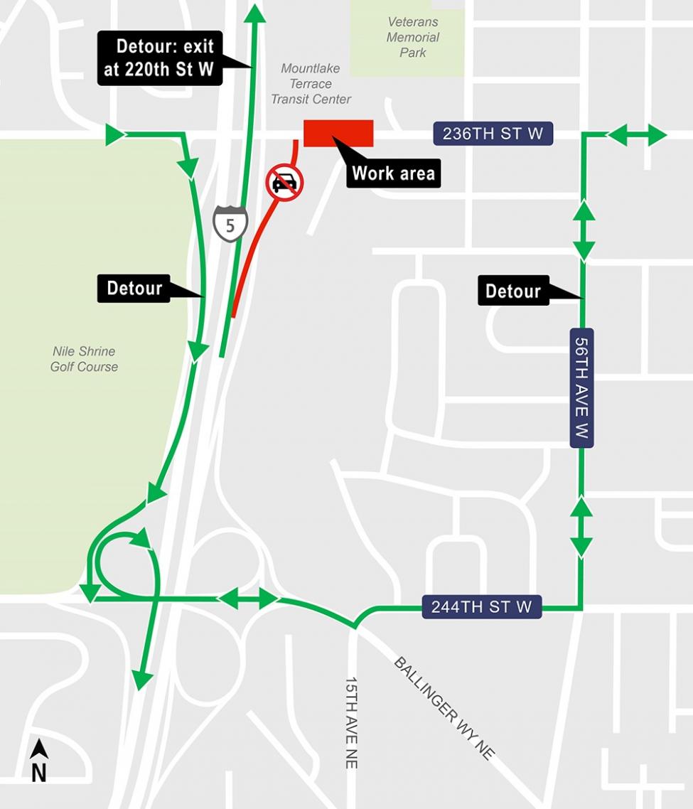 Map of nightime closures and detours of 236th Street Southwest.