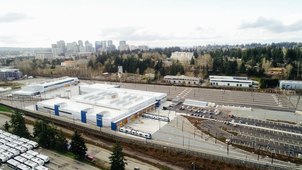 An aerial view of the new light rail base on the Eastside, with downtown Bellevue visible in the distance.