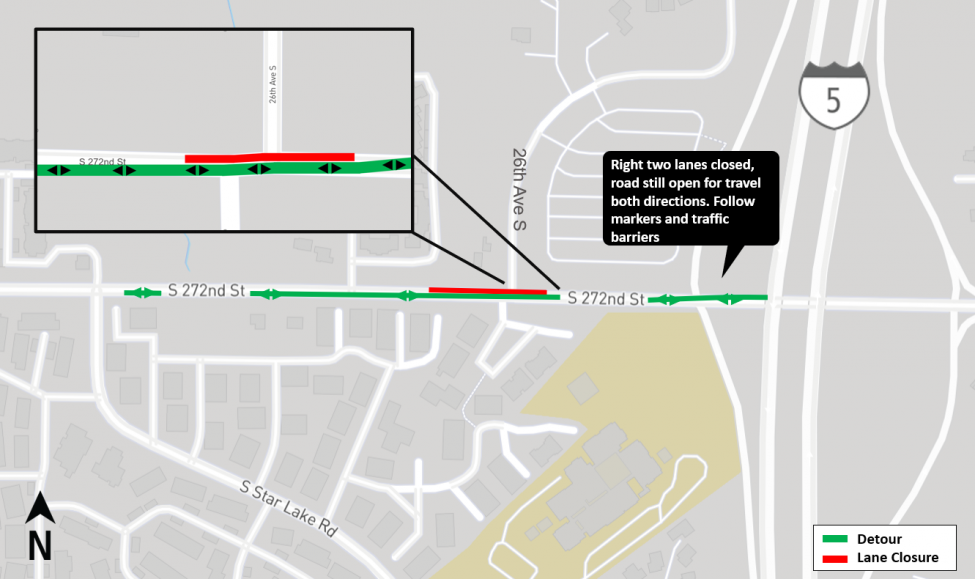 Map of South 272nd Street lane shifts between Interstate 5 and Star Lake Road.