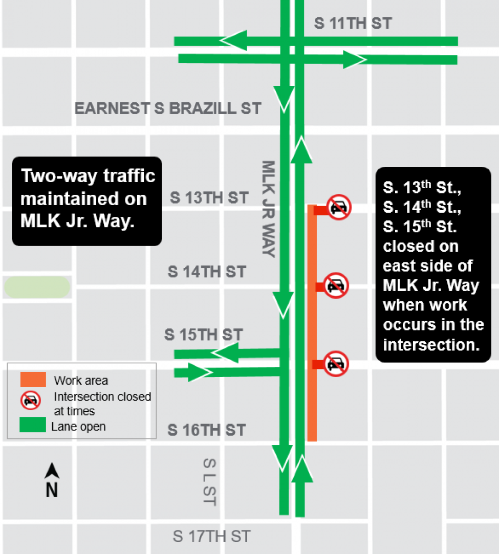 Map of construction work and traffic impacts on Martin Luther King Jr. Way.