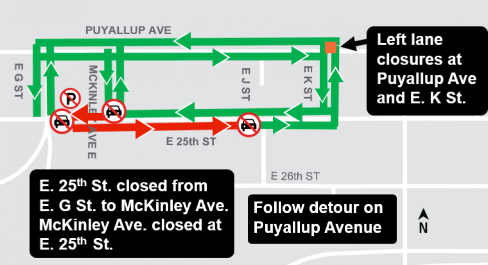 Map of East 25th Street area showing closures and detours.