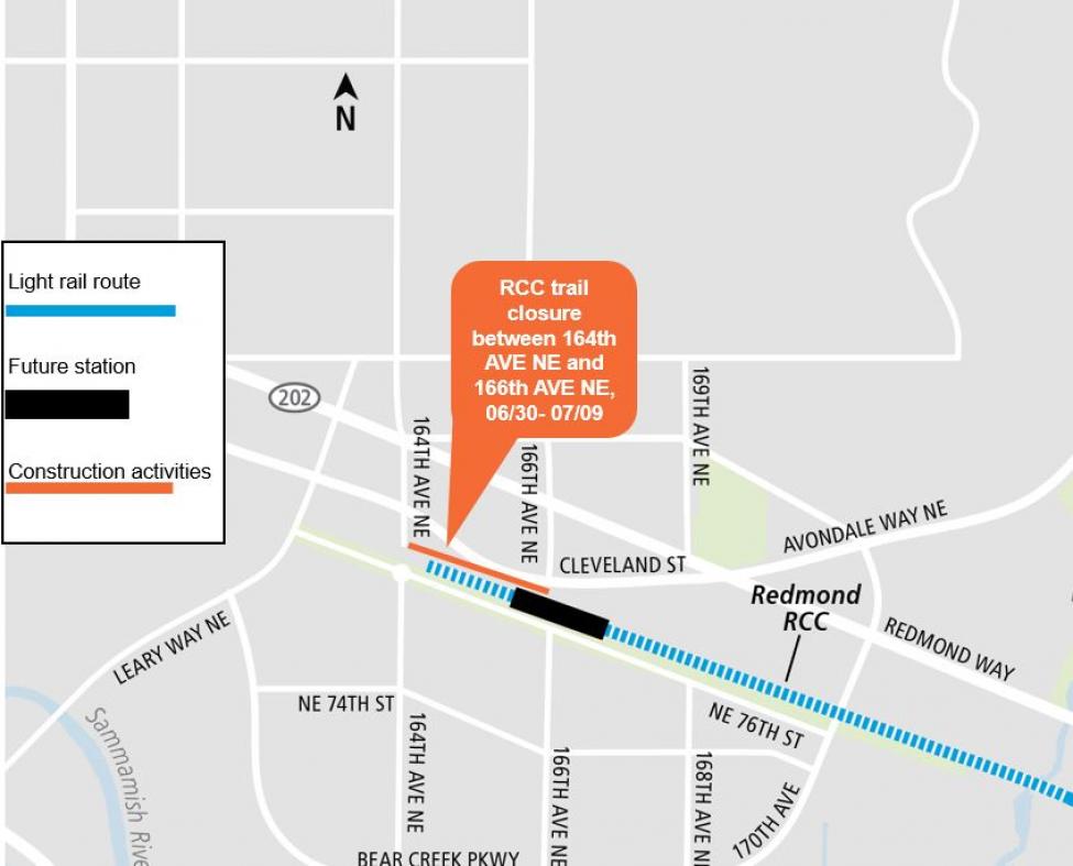 Construction map for Redmond Central Connector trail closure, Downtown Redmond Link Extension