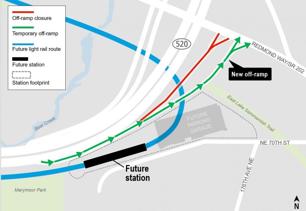 Construction map for Redmond Way SR 202 eastbound off-ramp closure June 2021, Downtown Redmond Link Extension