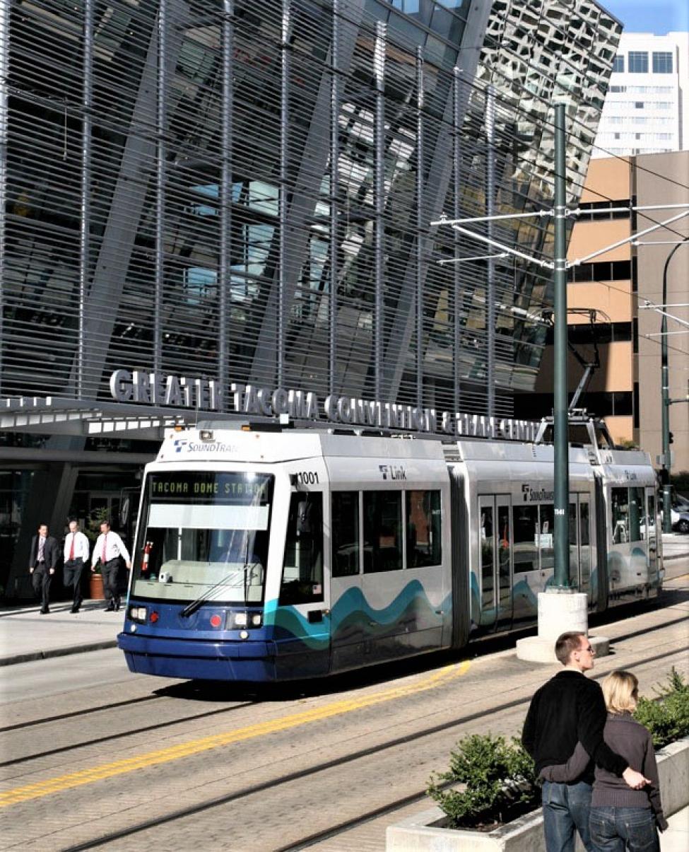 Photo of Tacoma Link in front of the Tacoma Convention Center