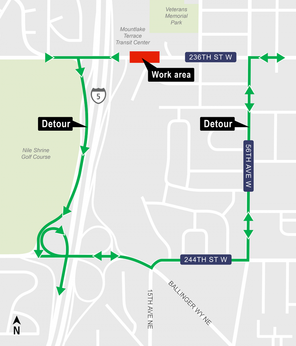 Construction map for 236th Street Southwest night and weekend closures, Mountlake Terrace Station, Lynnwood Link Extension