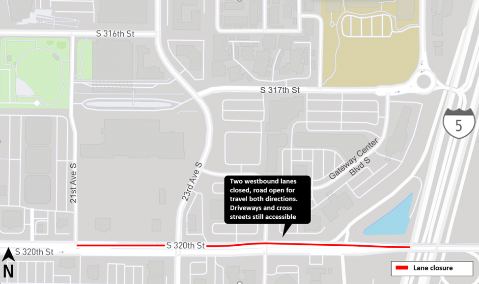 Construction map for South 320th Street lane closure, Federal Way Link Extension