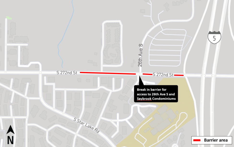 Map of barrier placements along South 272nd Street.