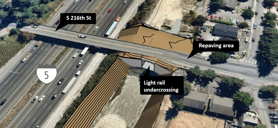 Crews will be working on construction of a tunnel structure on the west side of I-5 during the South 216th Street closure.