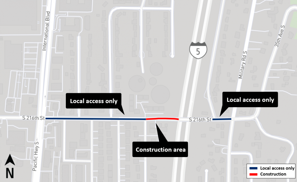 A detour route (as marked) will be clearly signed during the South 216th Street closure.