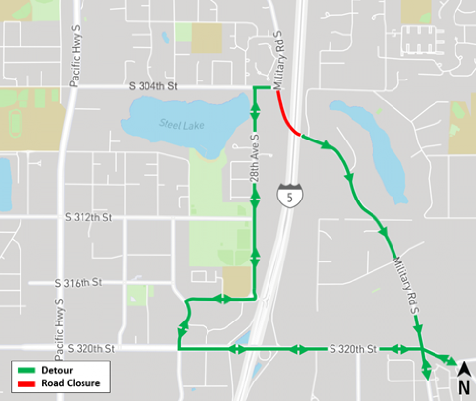 Map of Military Road South closure at South 304th Street in Federal Way.
