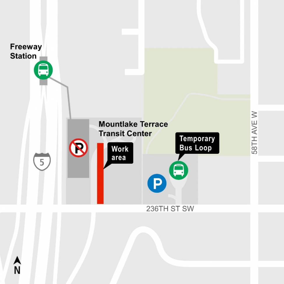 Map showing Mountlake Terrace parking garage closure impacts.