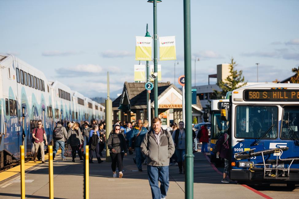 Passengers exit Sounder train and board buses at the Puyallup Station.