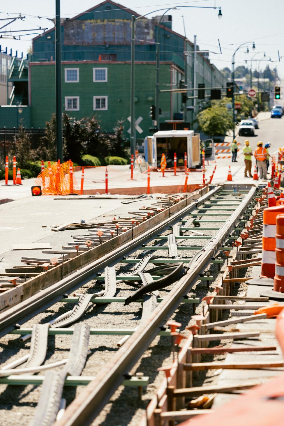 Light rail tracks are installed in Tacoma.