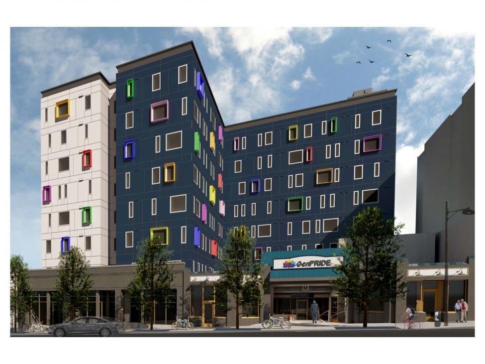 Rendering of an LGBTQ-affirming senior housing building, Capitol Hill - South Site Transit Oriented Development