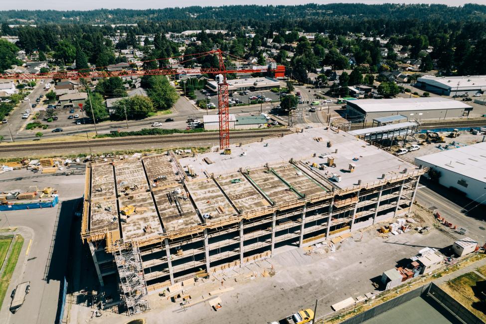 A drone shot captures the new parking garage in Puyallup.