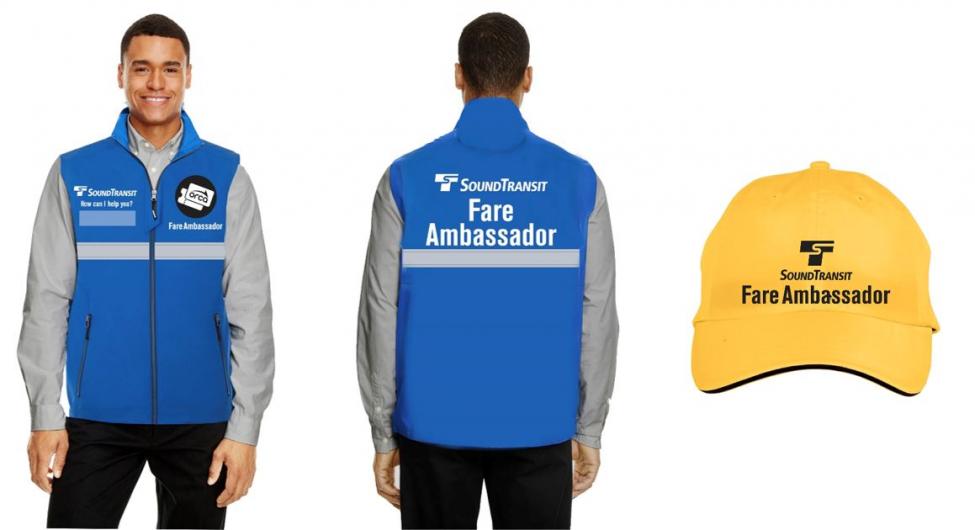 A model wears a blue vest that says "Fare Ambassaor" on the back.