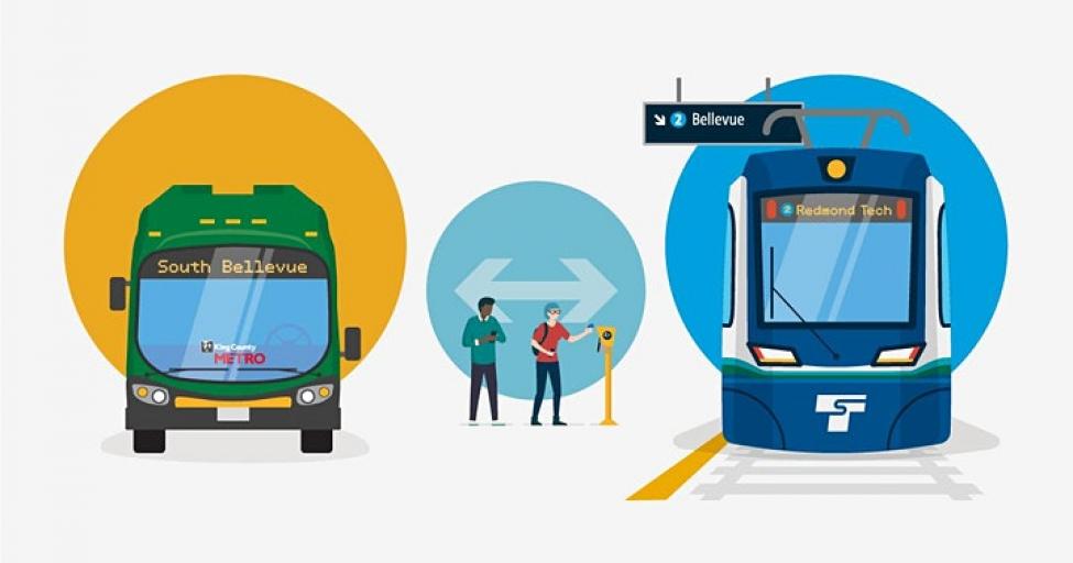 A graphic shows a rider transferring between a King County Metro bus and Link light rail.