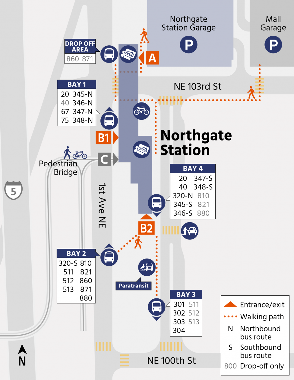 Map illustrating walking path for transfer from bus to link at the Northgate Station.