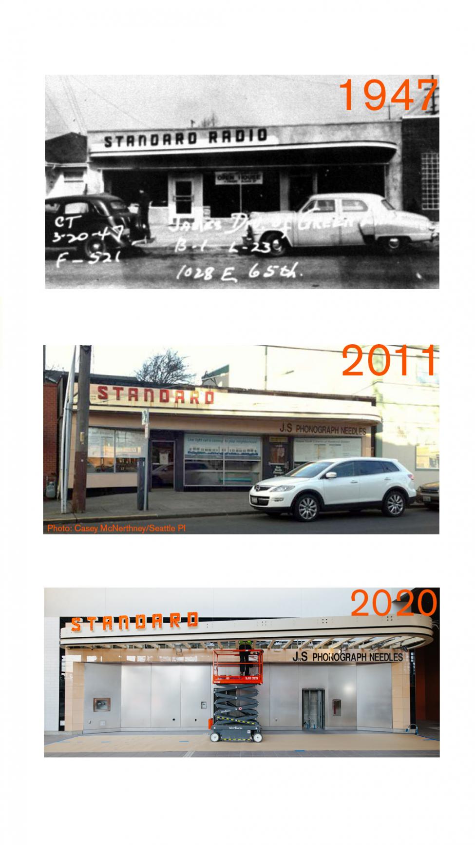 Photos of the Standard Radio sign in 1947, 2011 and 2020.