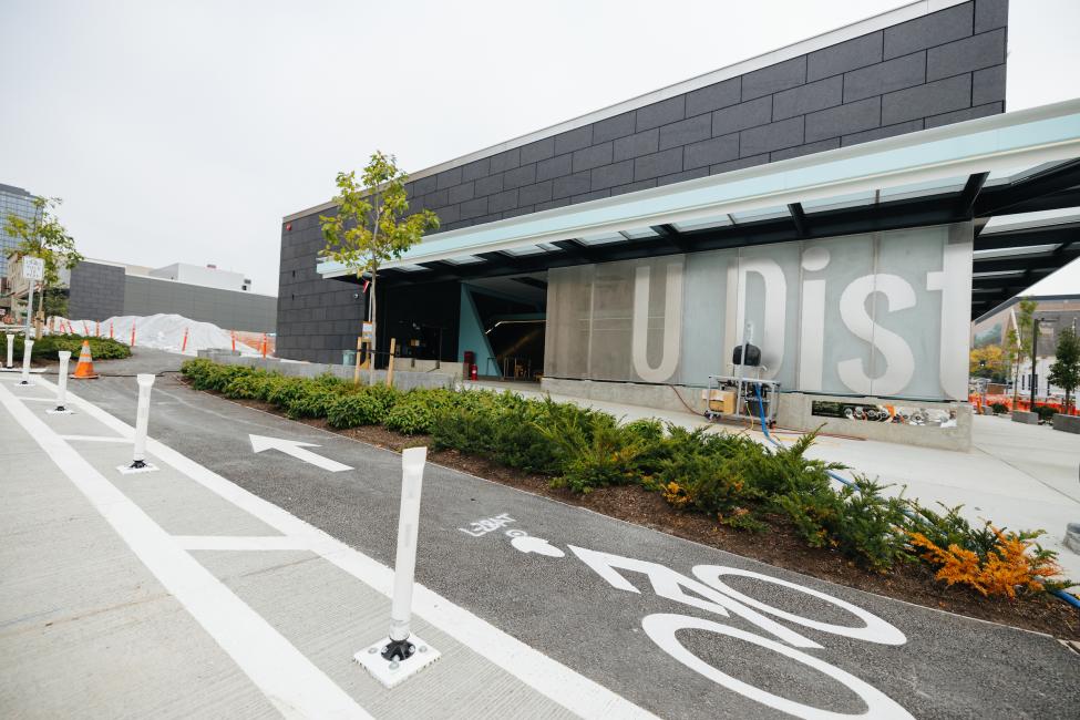 Bike lanes are seen next to U District Station.