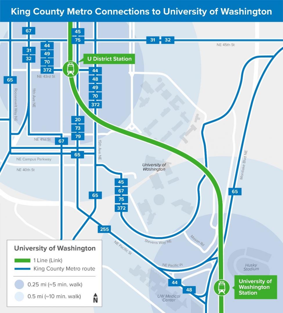 A map of University of Washington showing bus connections.