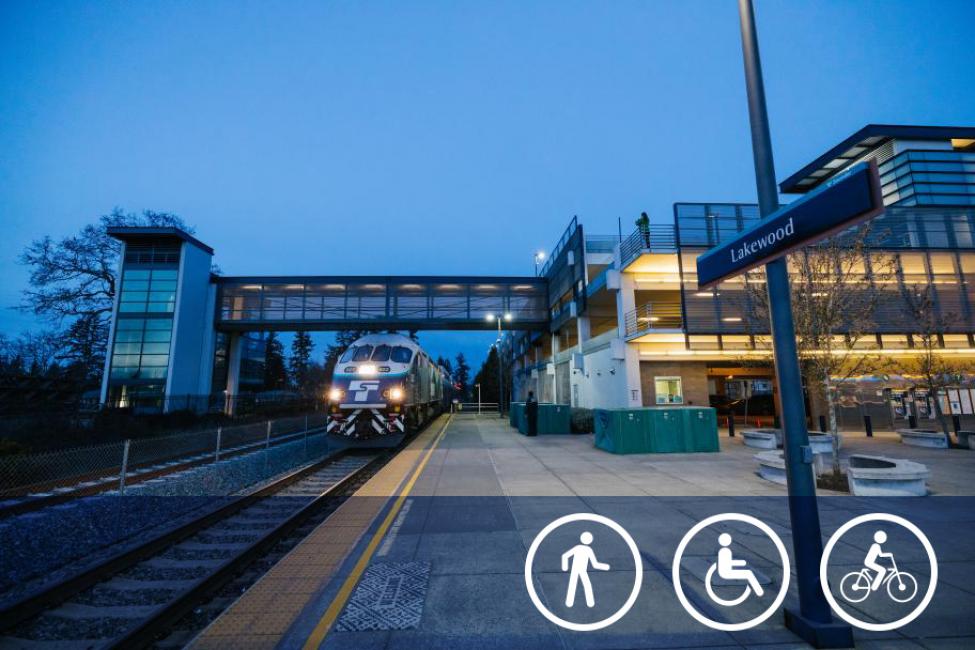 Sounder train arrives at Lakewood station with amenity icons overlaid.
